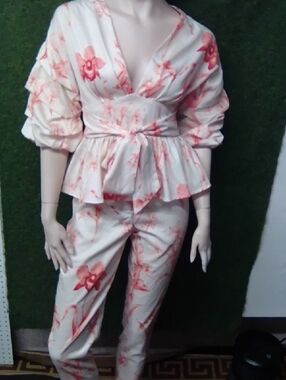 L'ATISTE Ivory Jumpsuit with Coral-Pink Floral Print